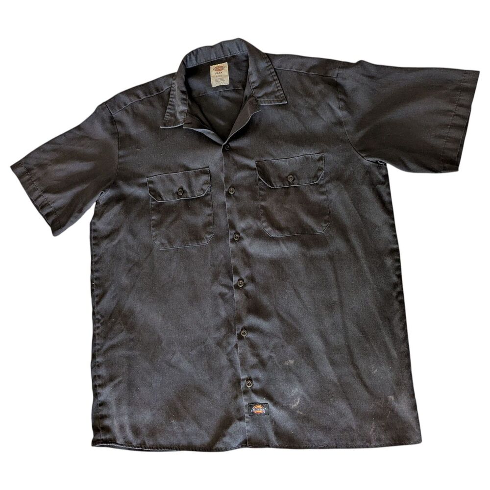 Dickies Button Up Shirt Mens L Black Short Sleeve Flex Workwear Pocket 22574BLK